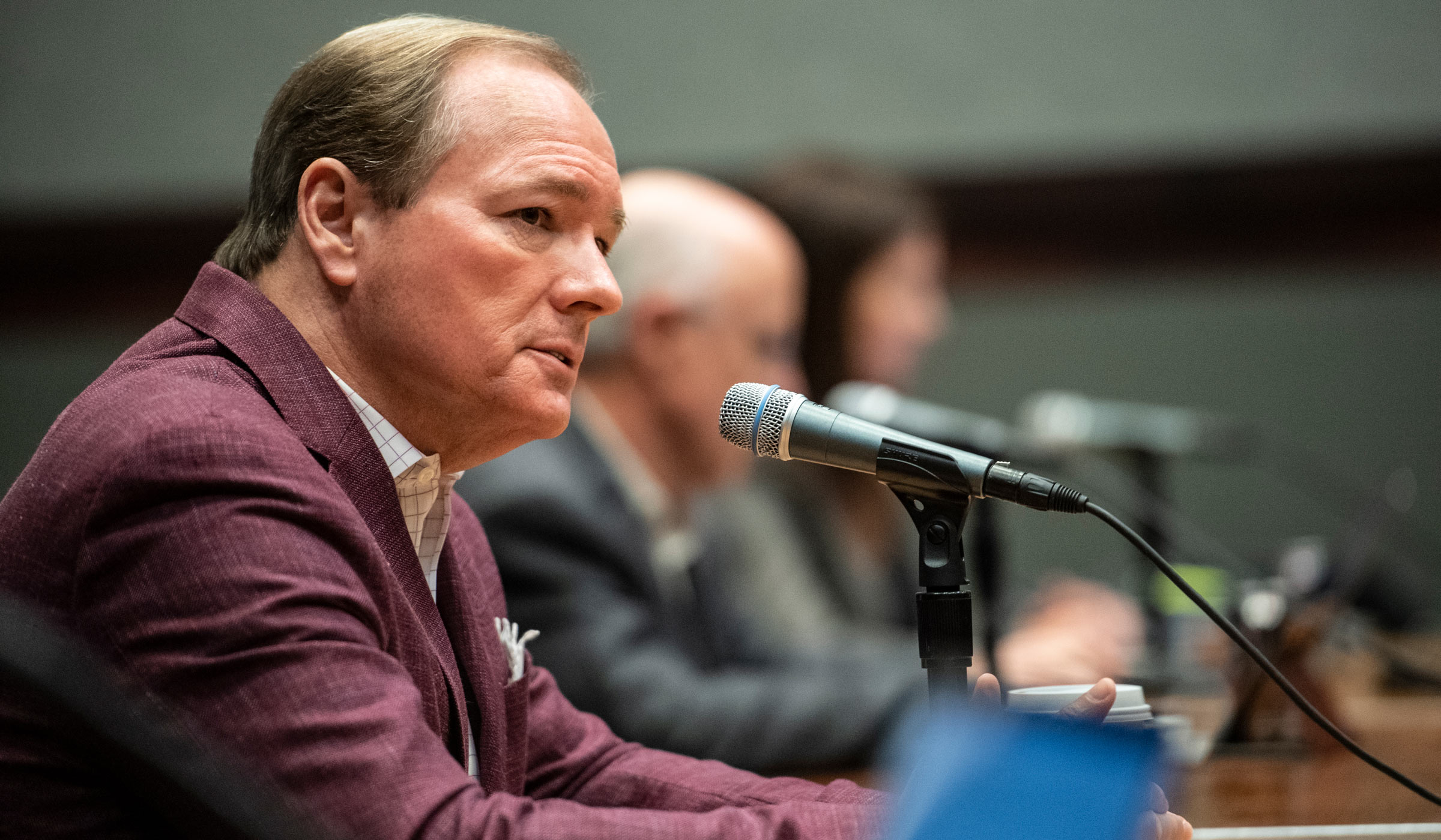 MSU President Mark E. Keenum speaks during a Monday [March 30] meeting of the university&#039;s COVID-19 Working Group in the Colvard Student Union. The group, which consists of campus leaders and key personnel, has been meeting daily while practicing social distancing guidelines to assess the COVID-19 threat and guide the university through changes dictated by the pandemic. 