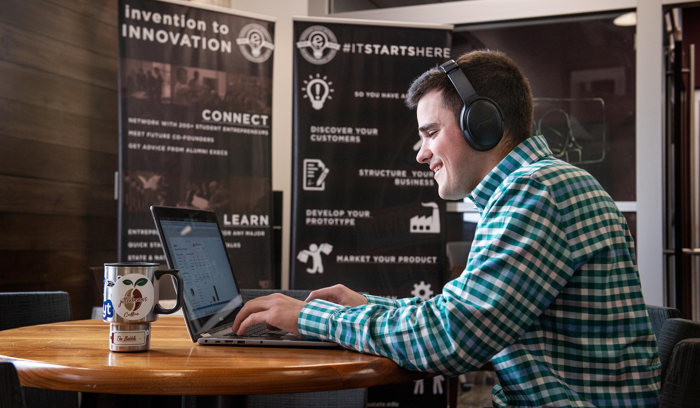 Cameron Maddox, pictured on a computer in MSU&#039;s E-Center