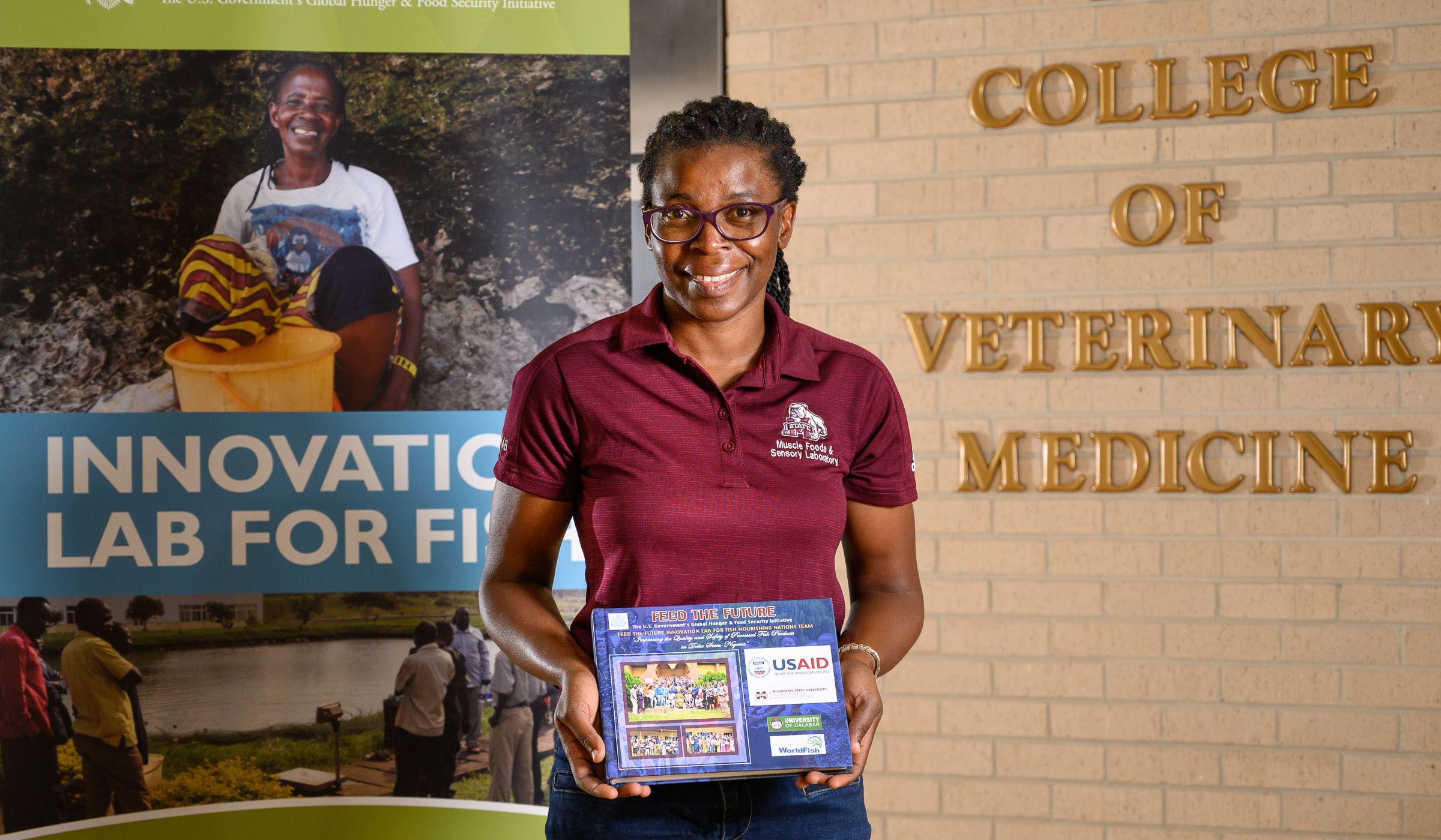 Grace Adegoye, pictured in MSU&#039;s College of Veterinary Medicine main entrance.