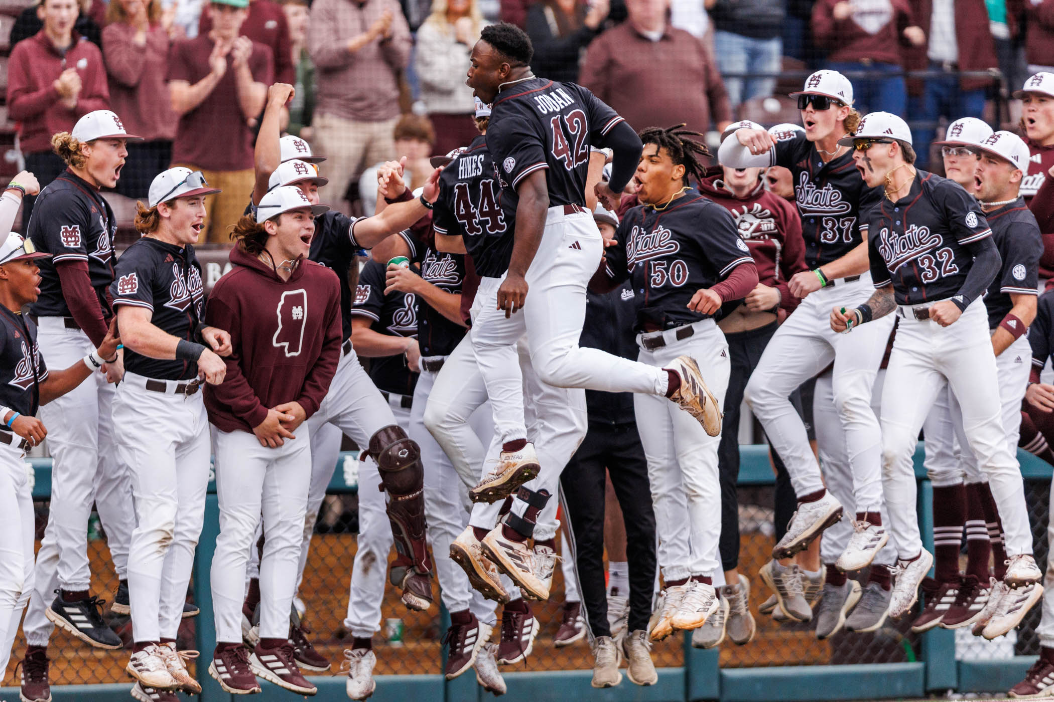 Outfielder Dakota Jordan and first baseman Hunter Hines celebrate their back-to-back homeruns against LSU