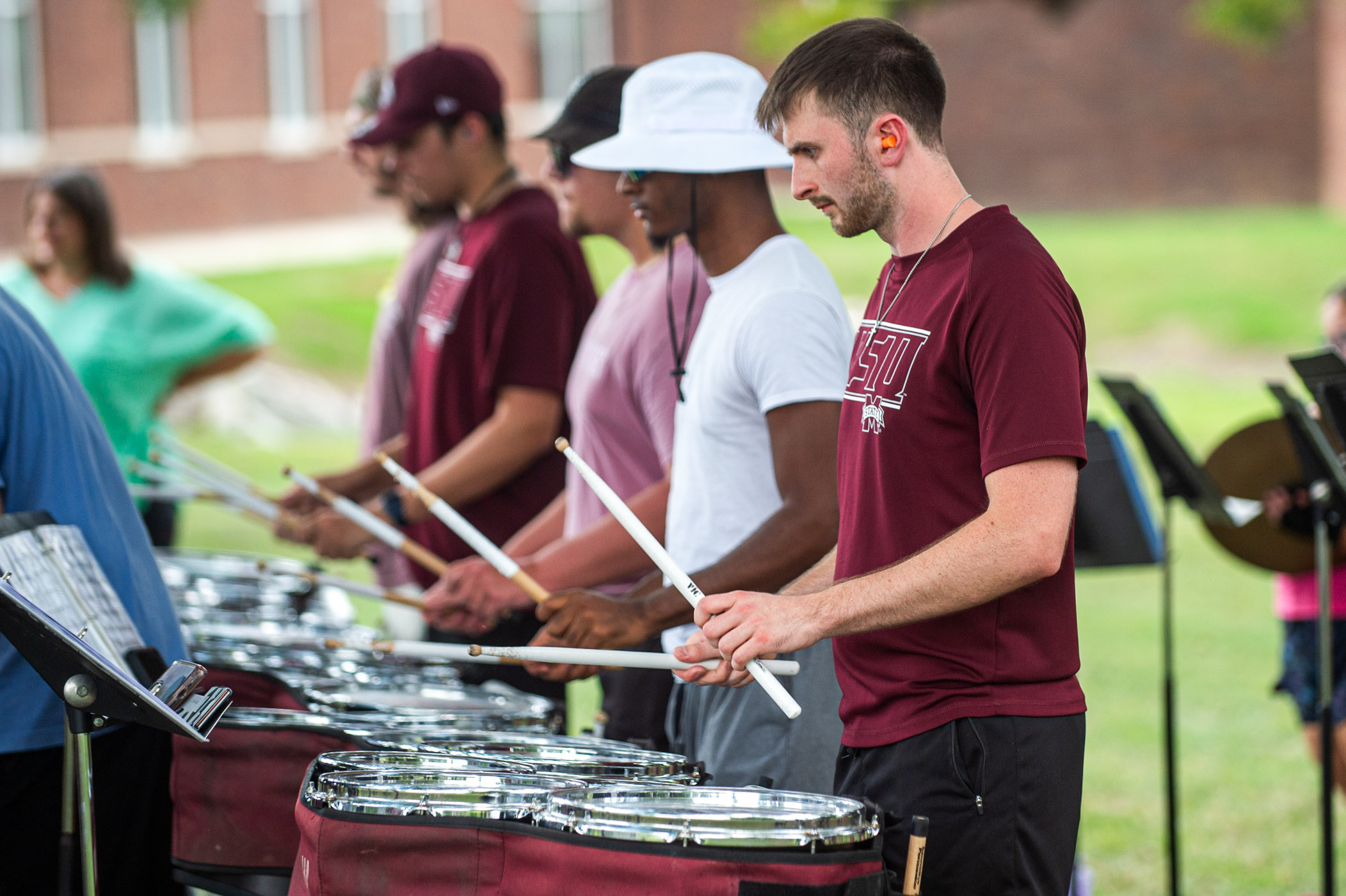 Kyler Greco, a freshman studying civil engineering, practices with the rest of The Famous Maroon Band&#039;s drumline at FMB&#039;s annual summer band camp, preparing for many loud and proud upcoming Saturdays spent at Davis Wade Stadium. 