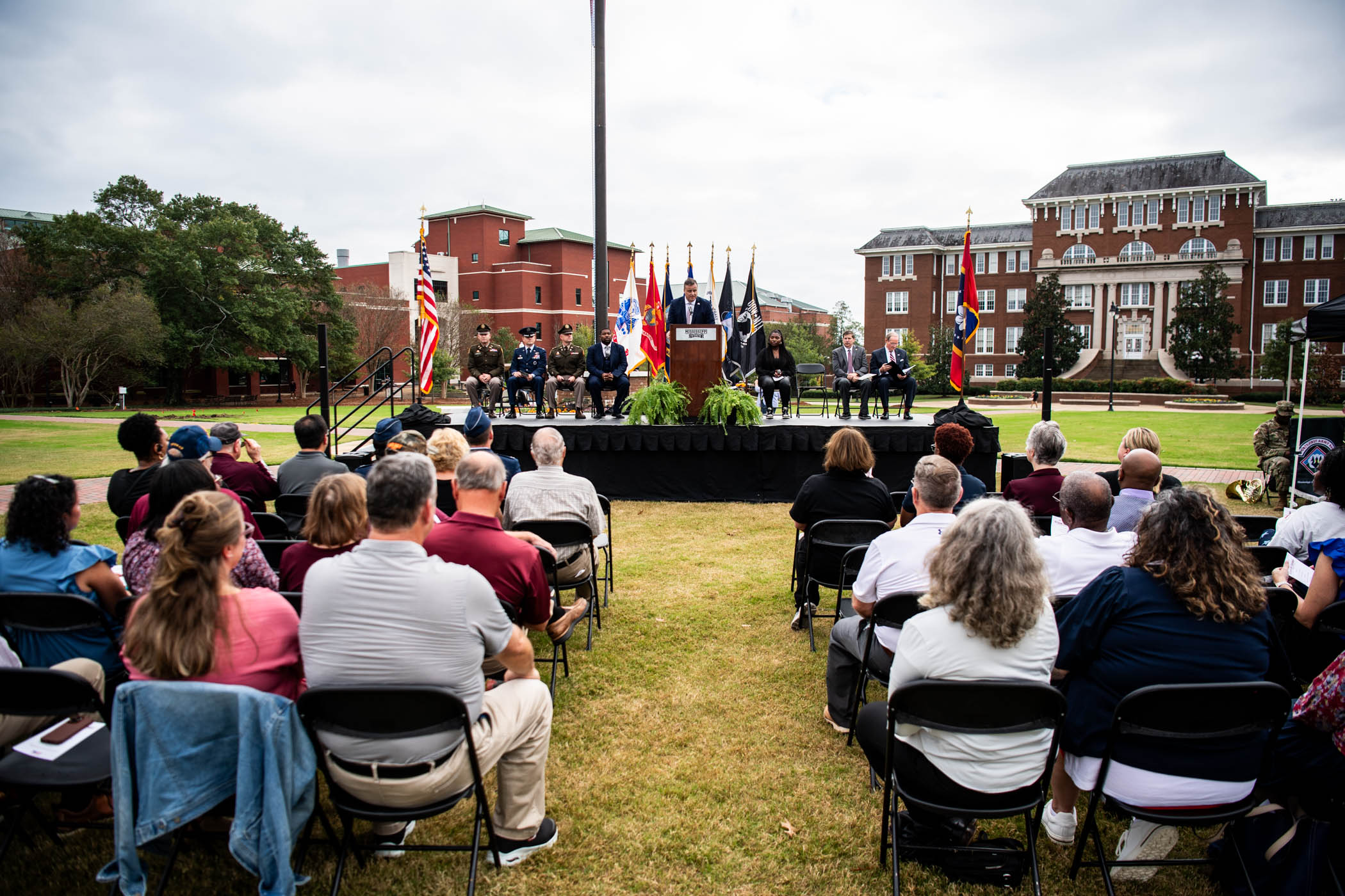 MSU honors and celebrates the sacrifices made by the servicemen and women to defend their country with an annual Veterans Day Ceremony, held on the Drill Field. Following the program, participants were invited to view a special student-made art exhibit--"Student Salutes," featuring pieces on individual veterans and their stories of service.