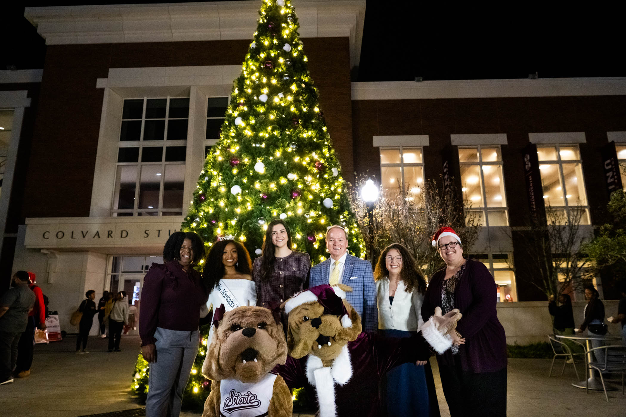 MSU students, staff, and faculty kick-off the holiday season with an annual Christmas tree and menorah lighting. The exciting tradition beings the start of many cozy and community based winter holiday inspired activities happening on campus while making spirits bright. (Pictured from L to R,) P for Access, Opportunity, and Success- Dr. Ra'sheda Forbes, Miss MSU 2024- Sarah Randolph, Student Association President- Carson McFatridge, MSU President Dr Mark. Keenum, President of MSU Hilell-Gabriella Arbesfel