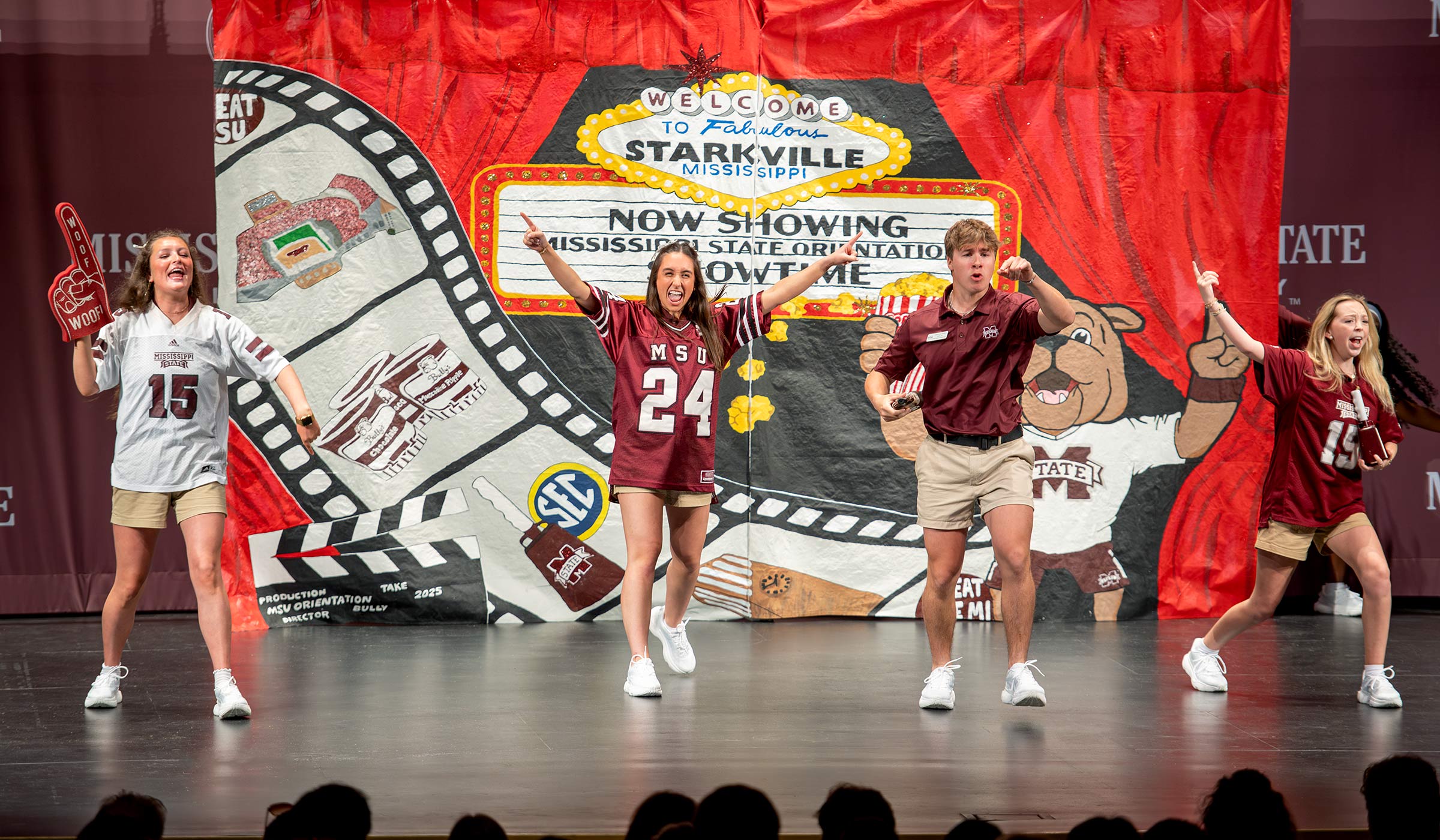 Orientation leaders perform a skit in Bettersworth Auditorium to welcome incoming students