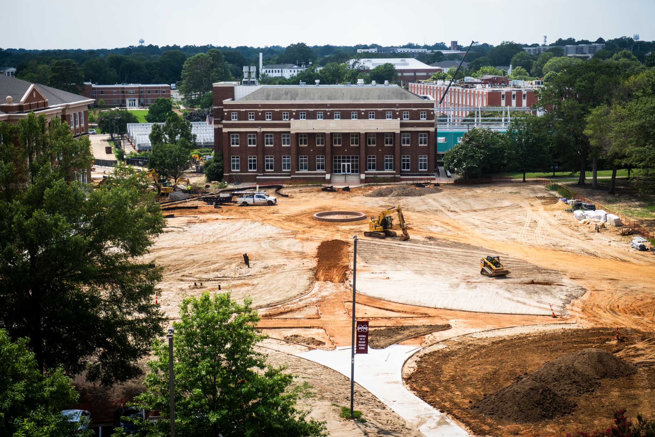 An aerial view captures the ongoing transformation of McCarthy Quad, a new focal point nestled between Mississippi State’s highly anticipated Duff Center and the historic Agricultural and Biological Engineering building. Designed with functionality and aesthetics in mind, the quad will feature multiple pedestrian pathways radiating from a central flagpole, enhancing connectivity across campus. Once complete, this inviting green space will serve as a vibrant hub for campus life.