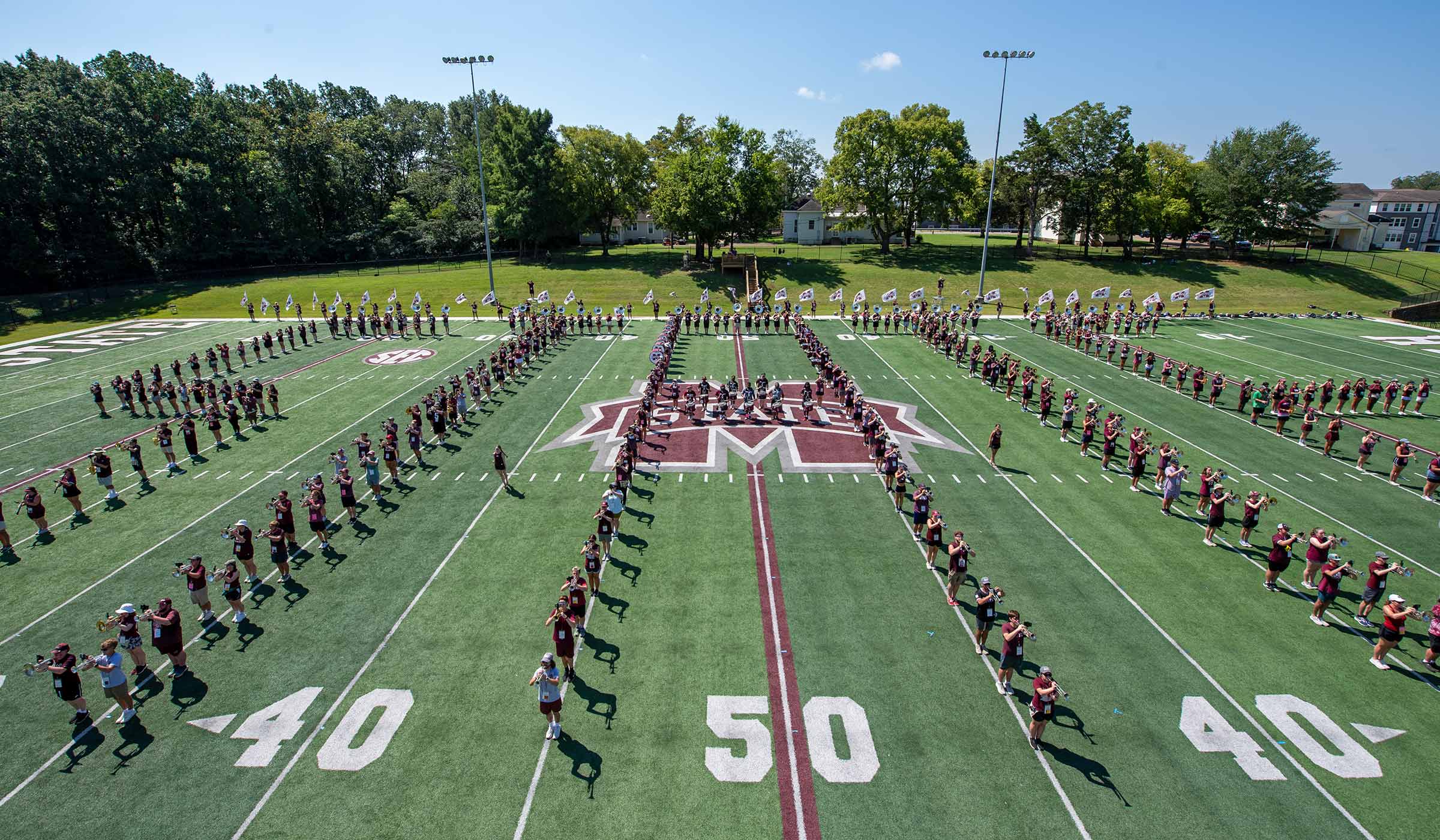 Mississippi State Famous Maroon Band wraps up band camp with the State spell-out.