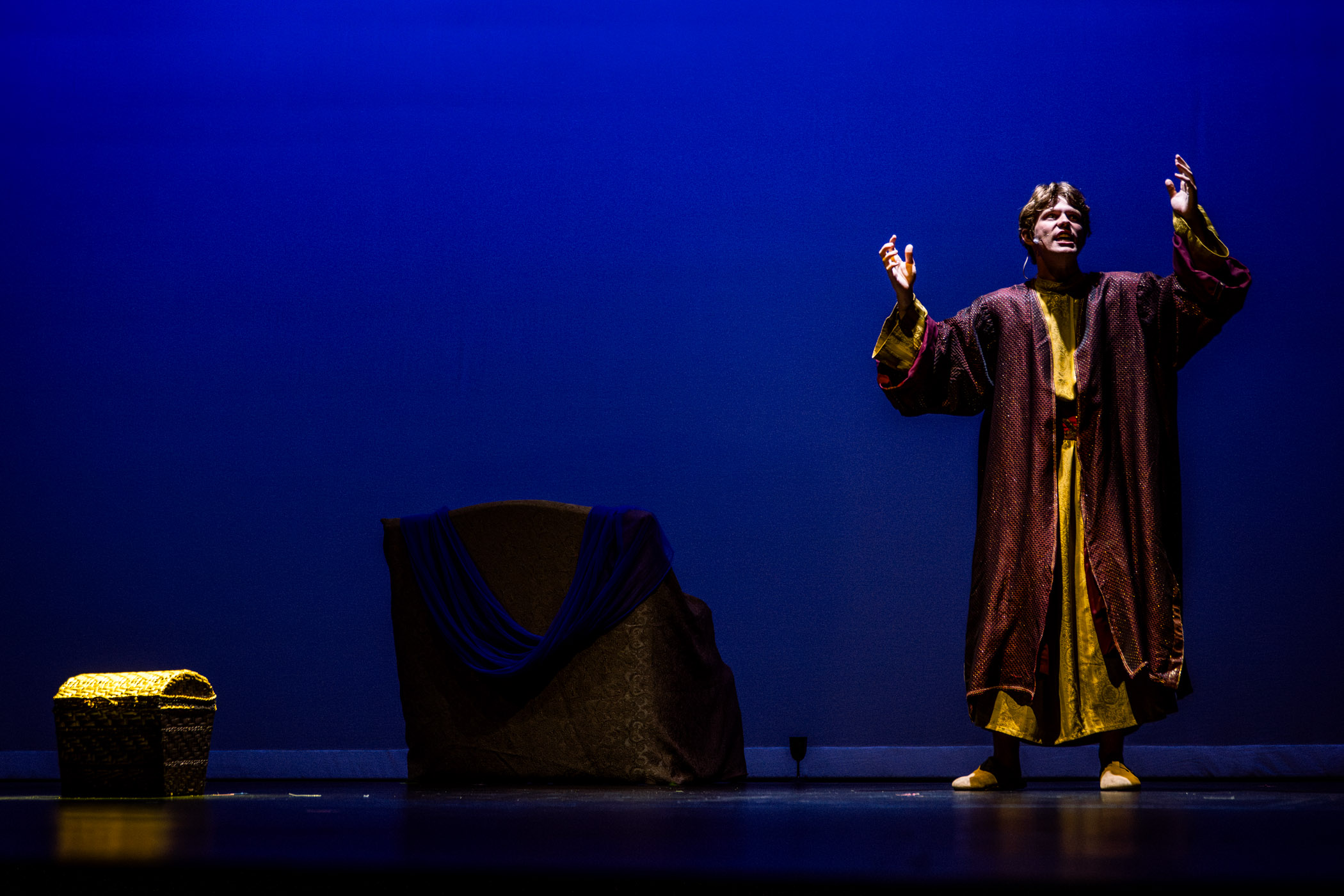 Hays Romano, a junior studying political science, pleads to the sky to change his fate in the titular role for Shackouls Honors College's production of Thyestes. The Roman tragedy by Roman playwright Seneca the Younger will run Sept. 24 and 25 as part of the university’s annual observation of Classical Week, a celebration of Greek, Roman and other cultures of the ancient world. Free and open to the public, doors open at 5:40 p.m. each night for the 6 p.m. performances at Lee Hall’s Bettersworth Auditorium.