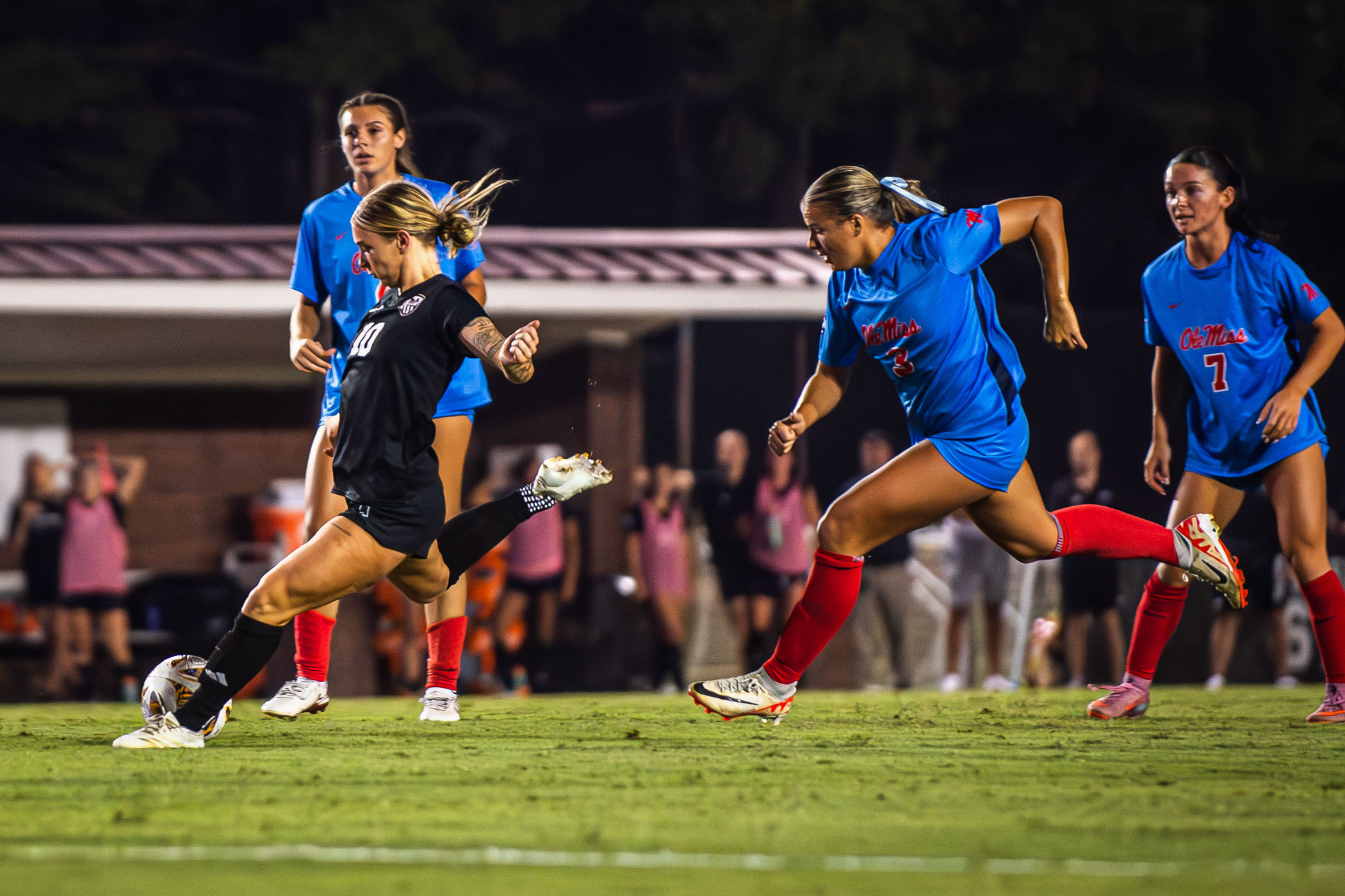 Junior midfielder, Alivia Buxton, sets up a shot to score against the Ole Miss Rebels on Thursday, [Oct 2,] to achieve another Magnolia Cup win. No. 13 MSU defeated Ole Miss, 2-0, in the annual in-state rivalry, claiming the Magnolia Cup for a sixth consecutive season and extending the longest winning streak by either side in the rivalry's history. It was the Bulldogs' third shutout in conference play and sixth of the year, and State (9-1-1, 4-0-1 SEC) has not allowed a goal to the Rebels (4-5-1, 0-4-1 SEC)