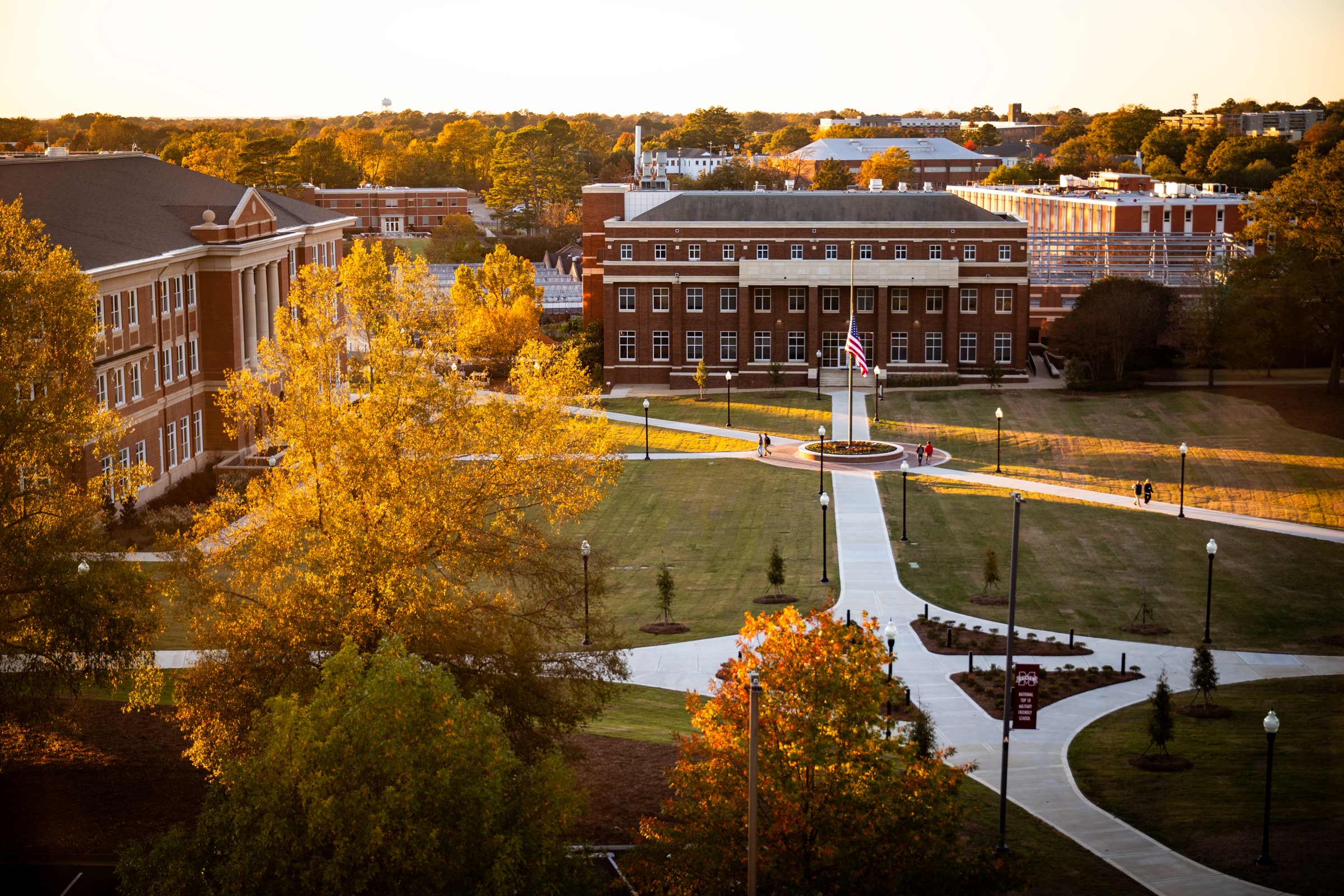 Golden light cascades over McCarthy Quad Monday [Nov 10] before dusk, a time also known as the magic hour. The quadrangle, one of MSU's newest additions to campus, connects students, faculty, staff and visitors to the Jim and Thomas Duff Center, the J. Charles Lee  Agricultural and Biological Engineering Building and Allen Hall. McCarthy Quad carries the name of former MSU men’s basketball coach James H. “Babe” McCarthy, and the green space covers the area where McCarthy Gymnasium once stood.