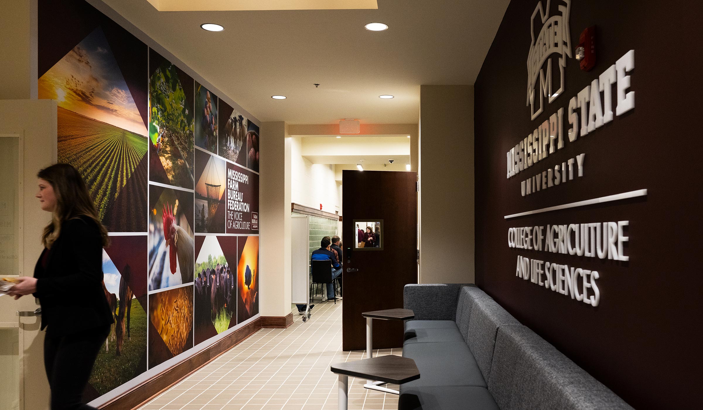 A newly renovated hallway in Ballew Hall displays photos of agriculture and the College of Agriculture and Life Sciences logo.
