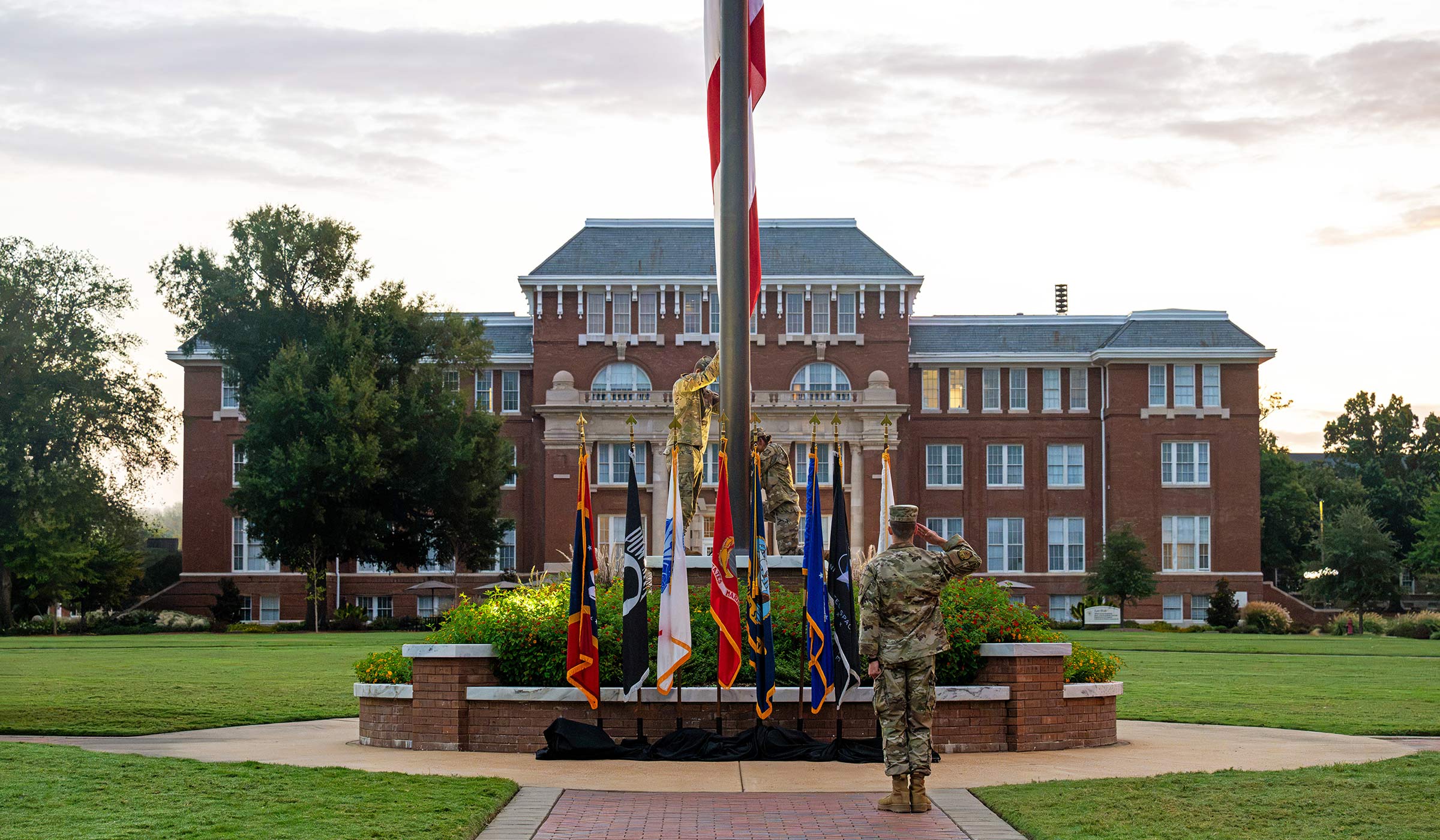 In remembrance of the almost 3,000 people who lost their lives on 9/11, Mississippi State’s Army and Air Force ROTC cadets lower the Drill Field flag at sunrise on the tragic event’s 25th anniversary. 