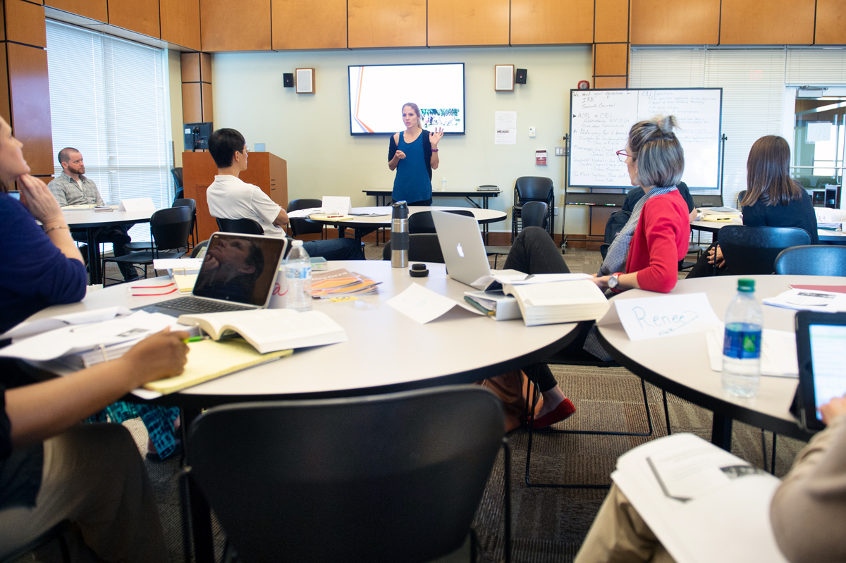 Meggan Franks speaks to classroom full of faculty participating in the program for Community-Engaged Learning Fellows. 