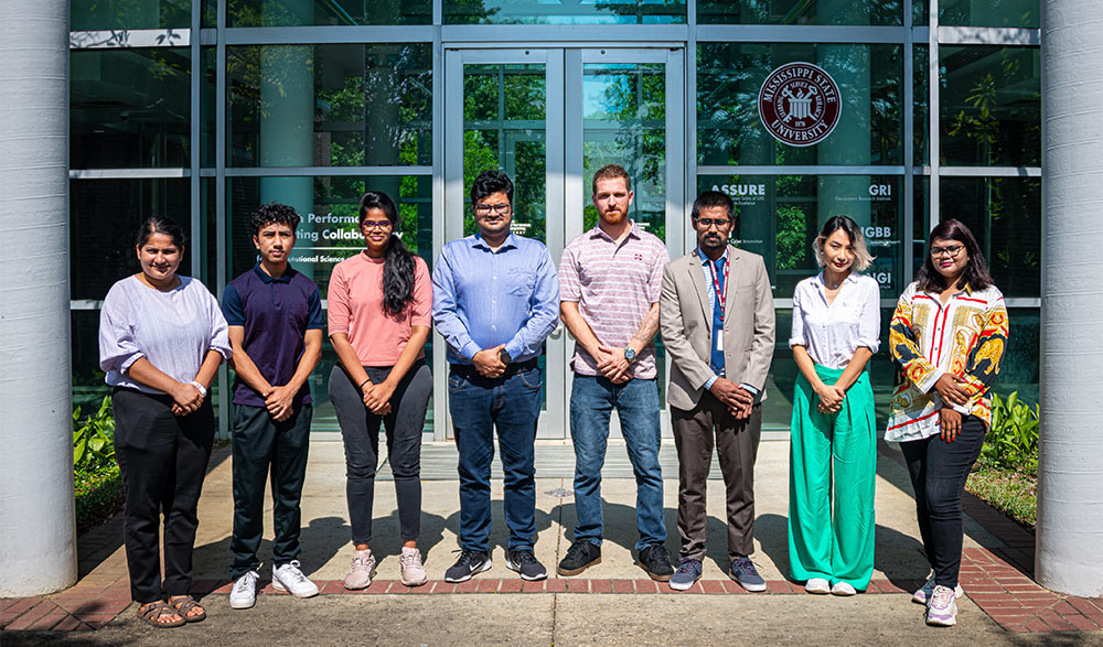 From left to right, those participating in the MSU/USDA Graduate Summer Research Experience program include Bini Dahal, North Carolina State University; Lyem Ningthou, University of California, Berkeley; Ramyasri Veerapaneni, Ahmed Alam, Ian Sartorio, Hafez Ahmad, all of MSU; Nargis Mirzaie, University of Massachusetts Amherst; and Tamanna Rashme, MSU. 