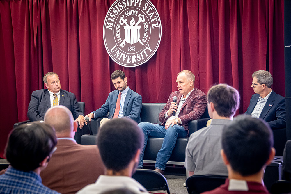 Mississippi State celebrated the formal opening of the university’s new Agricultural Autonomy Institute Oct. 26 with a panel including, from left, College of Agriculture and Life Sciences Dean Scott Willard, who also serves as director of the Mississippi Agricultural and Forestry Experiment Station; agricultural engineer and distinguished panel guest Kit Franklin of the U.K.; MSU Agricultural Autonomy Institute Director Alex Thomasson; and Bagley College of Engineering Dean Jason Keith. 