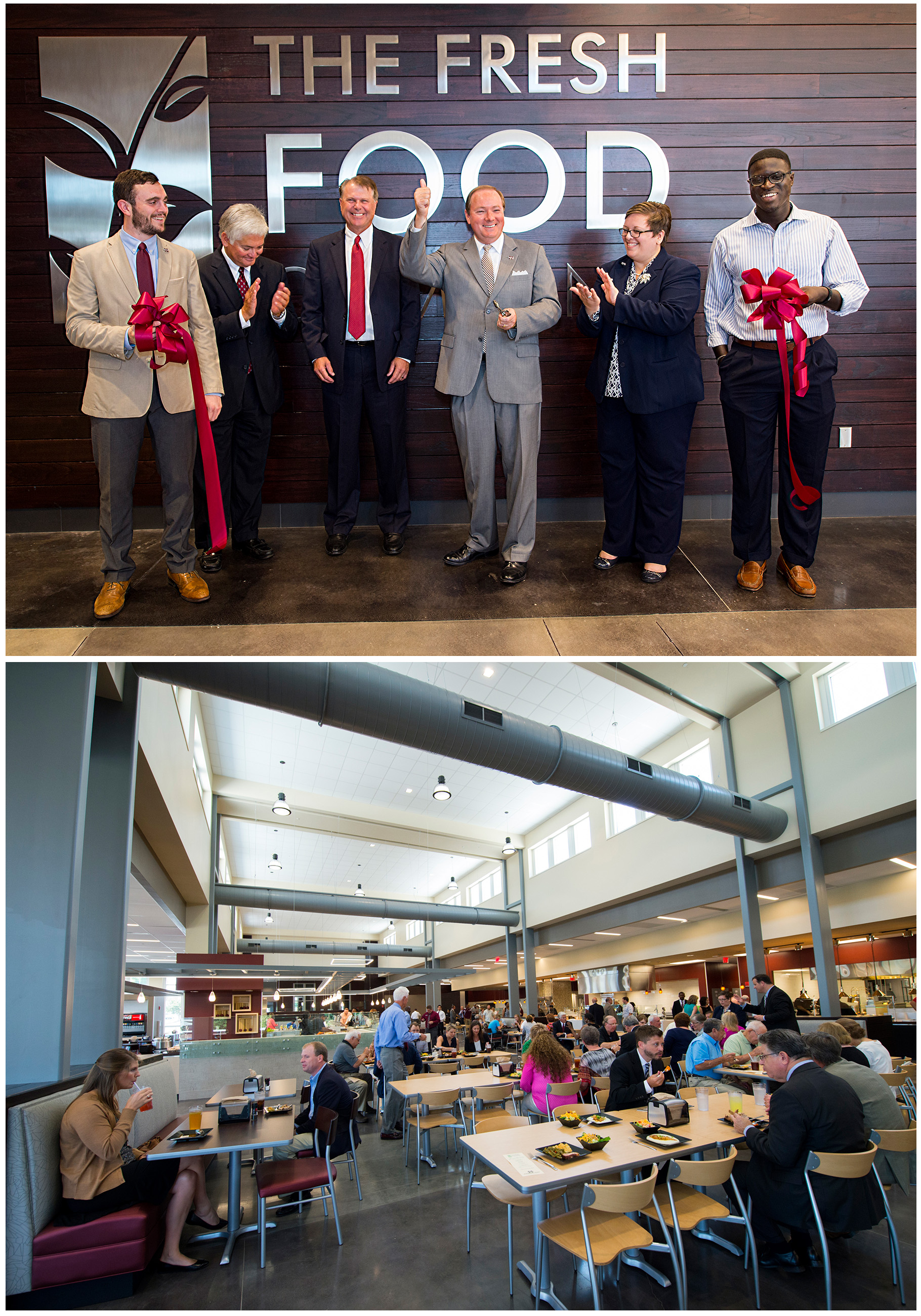 Above: Celebrating a ribbon cutting for The Fresh Food Co., one of MSU's newest dining options, are (l-r) Student Association President JoJo Dodd; Assistant Vice President for Student Affairs Bill Broyles, Aramark Regional Vice President Chris Harr, MSU President Mark E. Keenum, Vice President for Student Affairs Regina Hyatt, and Talla Cisse, a senior political science major from Madison, who also serves as president of the Residence Hall Association.<br /><br />
Below: MSU officials and other invited guests sampled a variety of foods Tuesday [Aug. 4] during a soft opening for The Fresh Food Co. The residential dining facility adds a new option on the south side of campus.