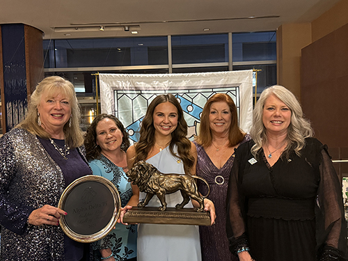 Representatives of Epsilon Eta, Mississippi State’s Alpha Delta Pi sorority chapter, pose with the 2024 Golden Lion Award, the national organization’s accolade for top-performing members. Pictured are, from left to right, Evelyn Jones, executive chapter adviser; Cindy Graves, house corporation president; Jessica Zajac a senior accounting and management double major from State College, Pennsylvania, who serves as chapter president; Debbie Gill, ADPi province director; and Carol Smith, chapter finance adviser.