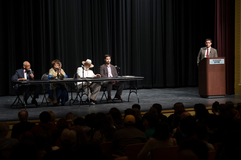 Three participants from the 1966 “March Against Fear” challenged students to overcome fear and dedicate themselves to the service of others during a special March 1 panel discussion at Mississippi State. The guest speakers included (from left) Hollis Watkins of Jackson, Flonzie Brown-Wright of Canton and James Meredith of Kosciusko. Also making remarks was (seated, far right) Aram Goudsouzian, University of Memphis history department chair. The panel was moderated by MSU Associate Professor of History Jason Morgan Ward. (Photo by Megan Bean)