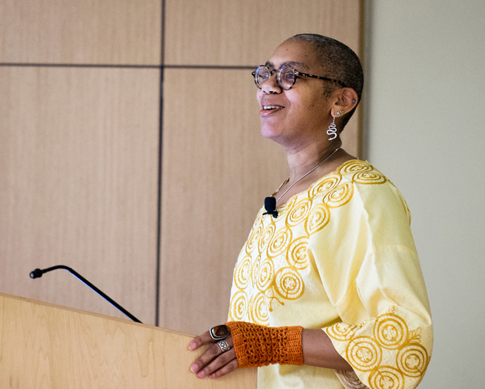 Scholar-activist Rhonda Y. Williams of Baltimore, Maryland, encouraged students to break their personal silences and impact others through social justice work during her Tuesday [March 28] visit to Mississippi State University. Held in celebration of Women’s History Month, Williams’ presentation was sponsored by the MSU College of Arts and Sciences’ African American Studies program, Holmes Cultural Diversity Center, Office of Public Affairs, and Department of Sociology’s Gender Studies program. (Photo by Megan Bean)