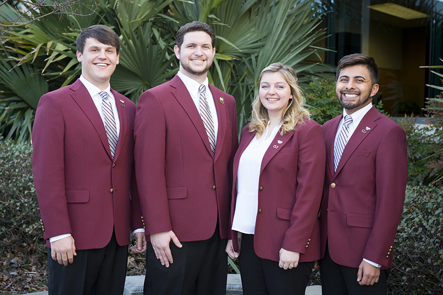 MSU Alumni Delegate leaders for 2018 include (l-r) Drew Burnham of Hattiesburg, Andrew Martin of Slidell, Louisiana, Melanie R. Brumfield of Murfreesboro, Tennessee and Ozzie Ballesteros Garcia of Kosciusko. (Photo by Russ Houston)