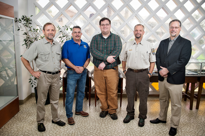 MSU’s Department of Anthropology and Middle Eastern Cultures is partnering with the U.S. Fish and Wildlife Service to support multiple graduate student summer internships over the next five years. Pictured, left to right, MSU Professor Evan Peacock, USFWS Chief of the Branch of Conservation, Delivery and Support and Regional Forester Henry Sansing, MSU graduate student and inaugural intern William Harris, USFWS Regional Historic Preservation Officer Rick Kanaski, and Professor and Head of MSU’s Department of Anthropology and Middle Eastern Cultures Michael Galaty. (Photo by Megan Bean)