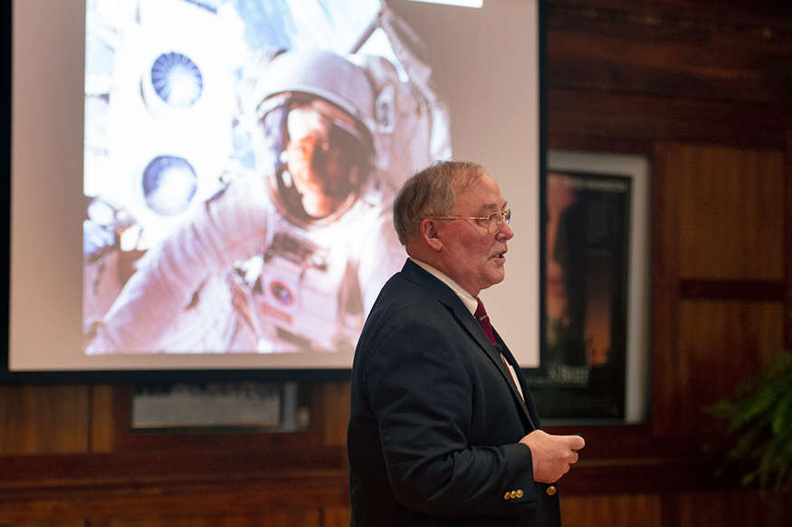 Retired U.S. Air Force Col. and Astronaut Hall of Fame inductee Jerry Ross visited Mississippi State University for a special Wednesday [Sept. 19] presentation. Ross spoke about his record-setting experience with seven space shuttle missions and presented MSU senior civil engineering major Phong C. Ly of Brandon with a $10,000 Astronaut Scholarship from the Astronaut Scholarship Foundation.  (Photo by Megan Bean)