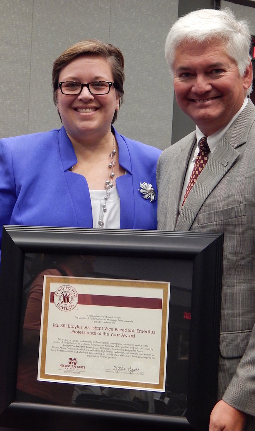 Among other honors, Mississippi State’s Division of Student Affairs recently awarded its first Bill Broyles Assistant Vice President Emeritus Professional of the Year Award during an end-of-the-school-year banquet. Pictured with MSU Vice President for Student Affairs Regina Hyatt is the award’s namesake Bill Broyles. Now retired, Broyles came to MSU in 1979 as a financial manager in the university’s auxiliary services department. Over the years, he also has served as assistant comptroller, associate director of the Longest Student Health Center, assistant vice president for student affairs and interim vice president. (Photo submitted)