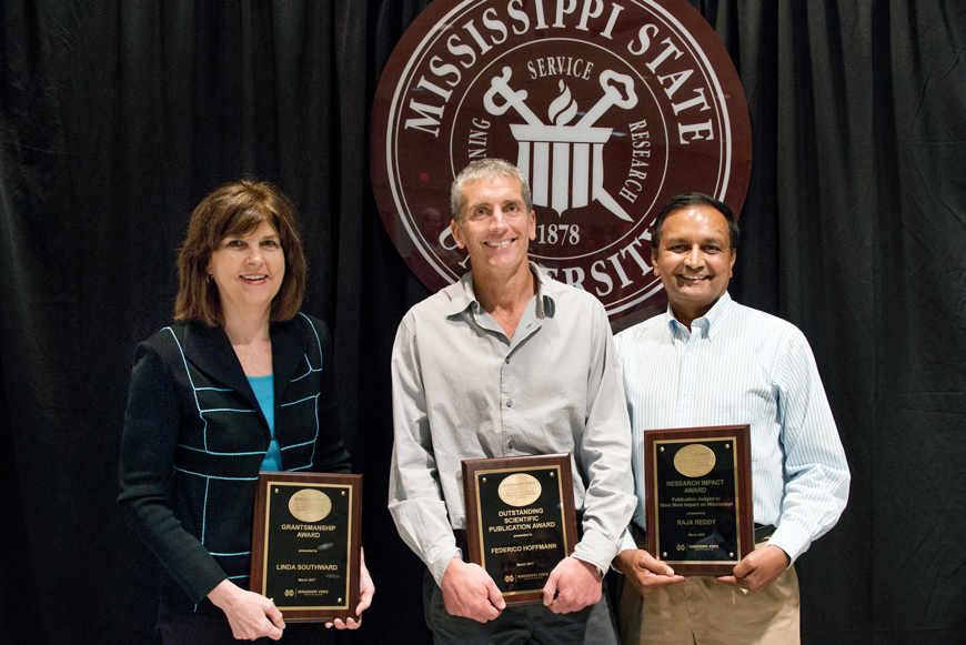 Award winners (from left) Linda Southward, Federico Hoffman and Raja Reddy. (Photo by David Ammon)