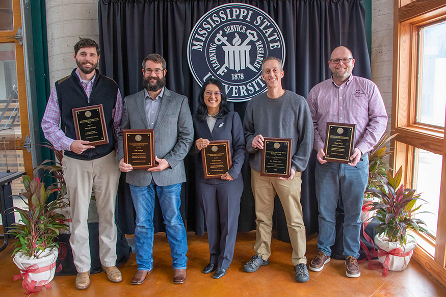 Faculty award recipients include (left to right): Mark McConnell, Joshua Granger, Sandra Correa, Peter Allen and Shaun Tanger (not pictured: Courtney Siegert). 