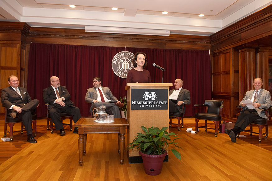 Cindy Stevens speaks at an MSU event honoring Wayne Weidie