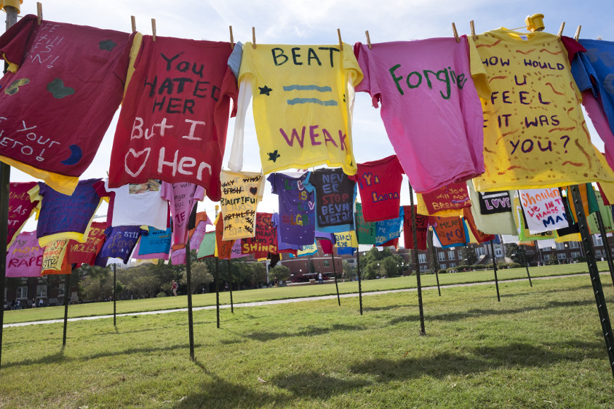 During MSU's Clothesline Project, a display of more than 1,800<br> t-shirts on the Drill Field help increase awareness of sexual violence. (Photo by Megan Bean)