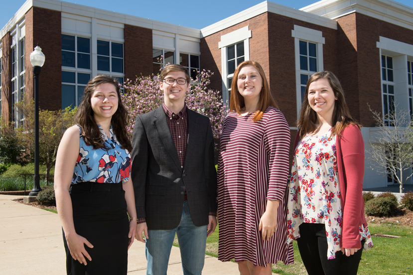 Four seniors in Mississippi State’s Department of Communication recently participated in The Plank Center for Leadership in Public Relations’ inaugural Challenge for Emerging Leaders held at the University of Alabama. They include, from left to right, Emily Belle Damm of Starkville, William A. Folkes of Hattiesburg, Becca Lorraine Hawkins of Louin, and Emily W. Gouin of Birmingham, Alabama. (Photo by Megan Bean)