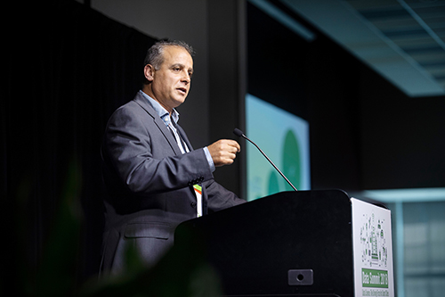 NSPARC Executive Director Domenico “Mimmo” Parisi delivers a keynote address during the 2018 Data Summit at The Mill at MSU. (Photo by Megan Bean)