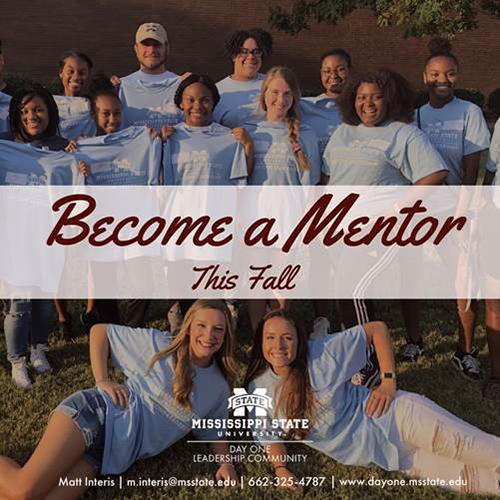 Mississippi State students smile for the camera while holding and wearing light blue Day One Leadership T-shirts.