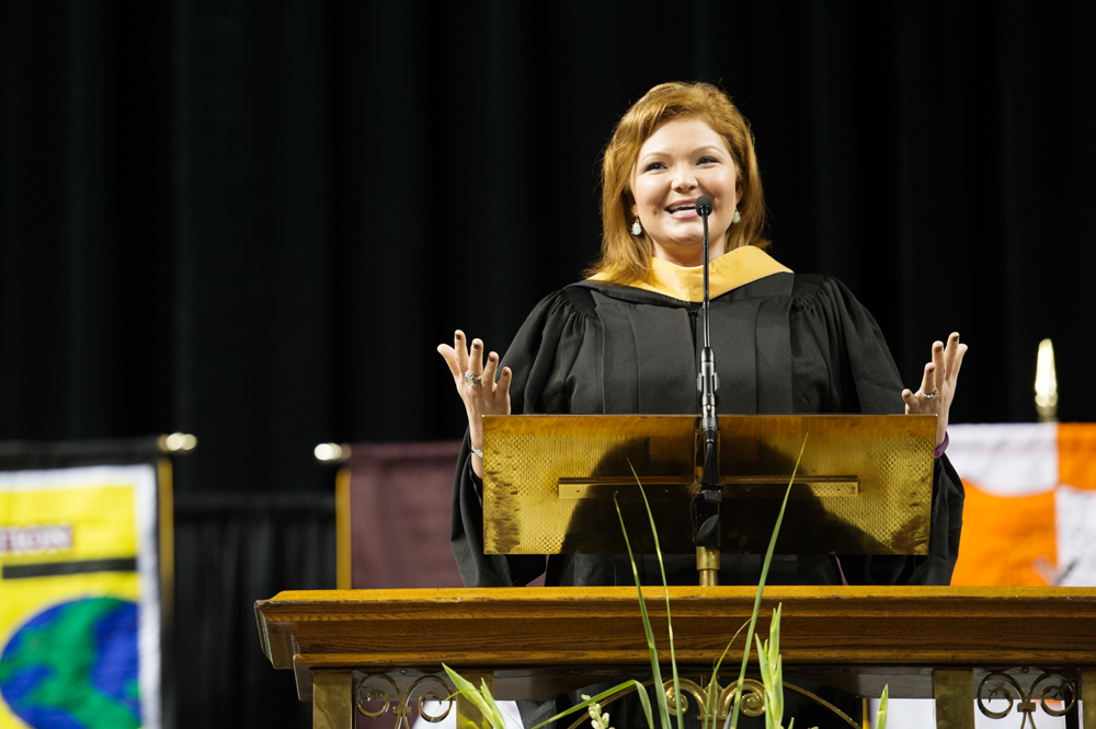 International best-selling author, motivational speaker and philanthropist Ashley Rhodes-Courter delivers a keynote address Tuesday [Aug. 16] during Mississippi State’s third Fall Convocation at Humphrey Coliseum. Rhodes-Courter encouraged members of the university’s largest incoming class—approximately 3,700 first-year freshmen and 1,800 transfer students—to seize opportunities to make life better for themselves and others. (Photo by Megan Bean)