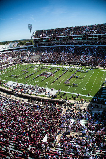 “Give me an ‘S!’ Give me a ‘T!’ Give me an ‘A!’ Give me another ‘T!’ Give me an ‘E!’ The Mississippi State Famous Maroon Band’s “State Spellout” is one of many beloved pre-game traditions for Bulldog fans of all ages. (Photo by Hunter Hart)