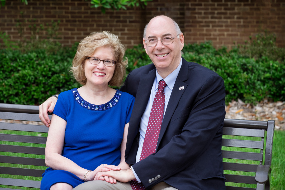 John and Connie Forde, pictured on a bench outside of MSU's Perry Cafeteria.