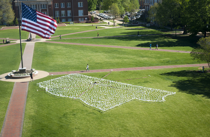 White flags recently formed the state of Mississippi as part of a Graduate Student Appreciation Week display on Mississippi State’s historic Drill Field. The university recognized graduate students' contributions to the university community this past week with an array of events organized by the Graduate School and Graduate Student Association. (Photo by Russ Houston)