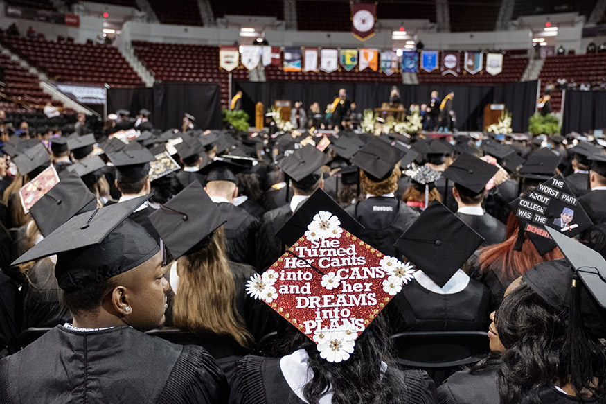 MSU graduates at Friday’s [Dec. 8] commencement ceremonies celebrated their achievements and heard from two fellow Bulldogs who returned to their alma mater to encourage the university’s newest alumni to pursue an “unending quest for knowledge” and uphold the freedoms that make America unique. (Photo by Megan Bean) 