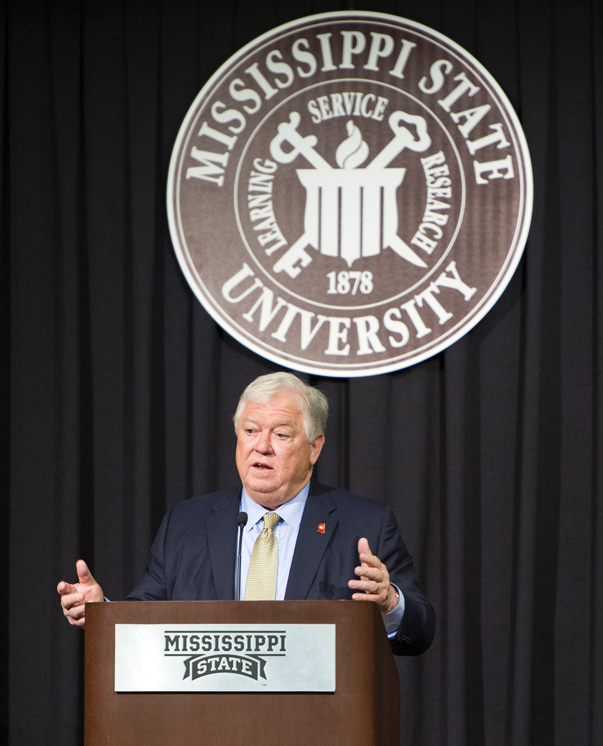 Former Mississippi Gov. Haley Barbour shared leadership lessons during a Monday [Feb. 13] presentation at Mississippi State as part of the university’s Lamar Conerly Governance Lecture Series. Organized by the Office of the Provost and Executive Vice President, Department of Political Science and Public Administration, and Pre-Law Society, the lecture is part of a series made possible by major support from Conerly. He is a 1971 MSU accounting/pre-law graduate and longtime partner in the Destin, Florida, law firm of Conerly, Bowman and Dykes LLP. (Photo by Russ Houston)