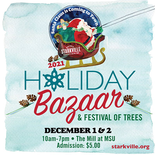 2021 Holiday Bazaar and Festival of Trees graphic with image of Santa Claus in a sleigh