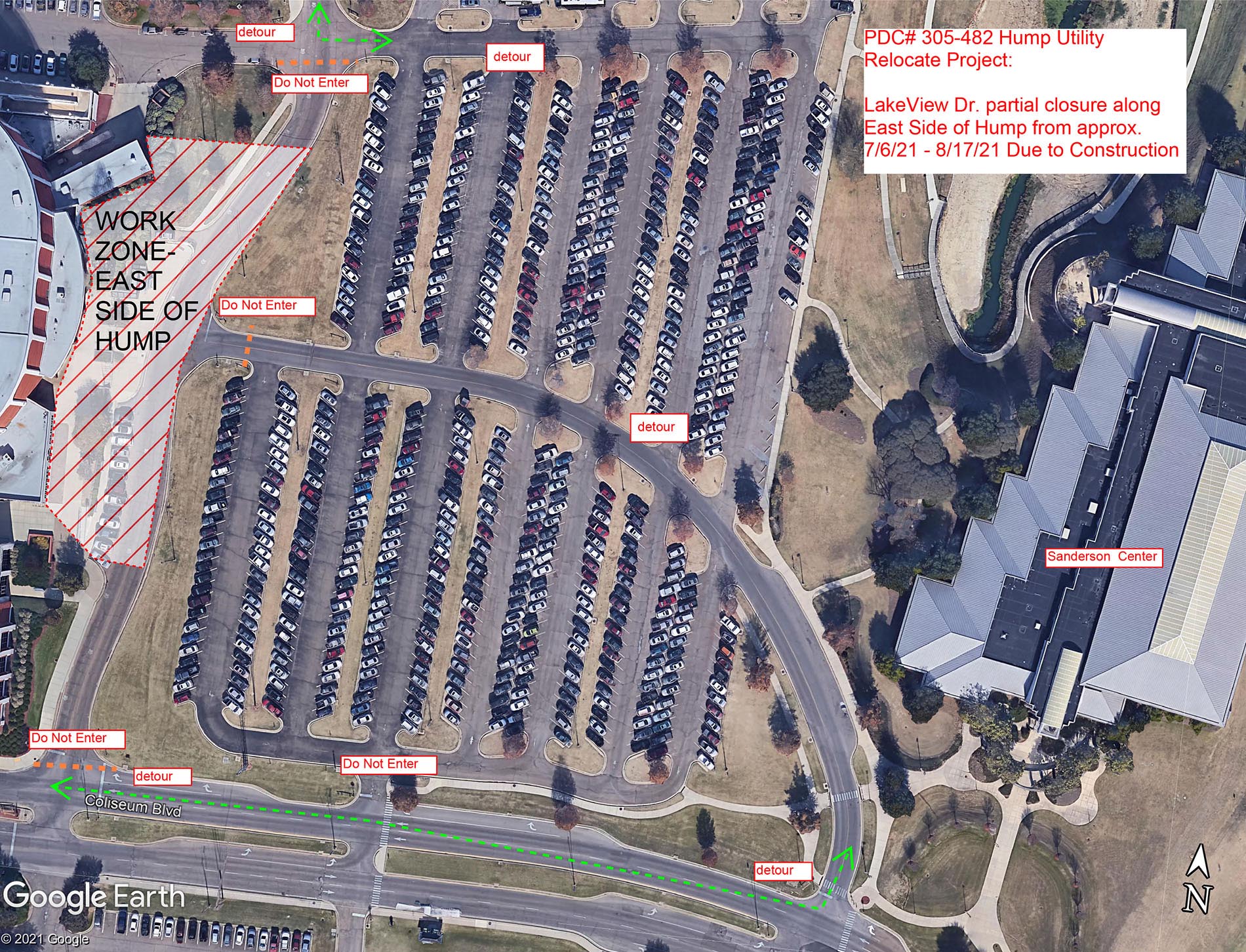Construction map with a bird's eye view of Humphrey Coliseum, the Joe Frank Sanderson Center and nearby parking lots