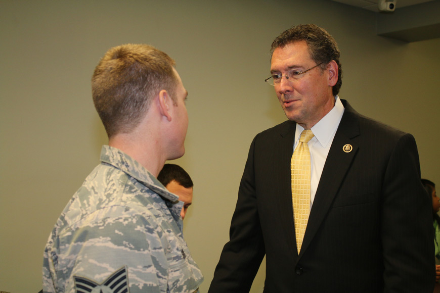 Following his talk to MSU-Meridian students [Jan. 20], Congressman Gregg Harper speaks with Addison Swink, a Staff Sergeant with the 186th Air National Guard, Air Refueling Wing in Meridian, who is studying healthcare services at the university. (Photo by Lisa Sollie)