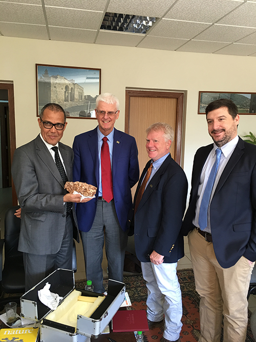 Abdelouahed Ben-Ncer, left, director of Morocco’s Institut National des Sciences de l'Archéologie et du Patrimoine, poses with one of the country’s many significant archeological finds and visitors from Mississippi State University. The MSU delegation included Associate Provost for Academic Affairs Peter Ryan, second from left, and MSU Department of Anthropology and Middle Eastern Cultures faculty members Jimmy Hardin and Shane Miller. (Submitted photo)