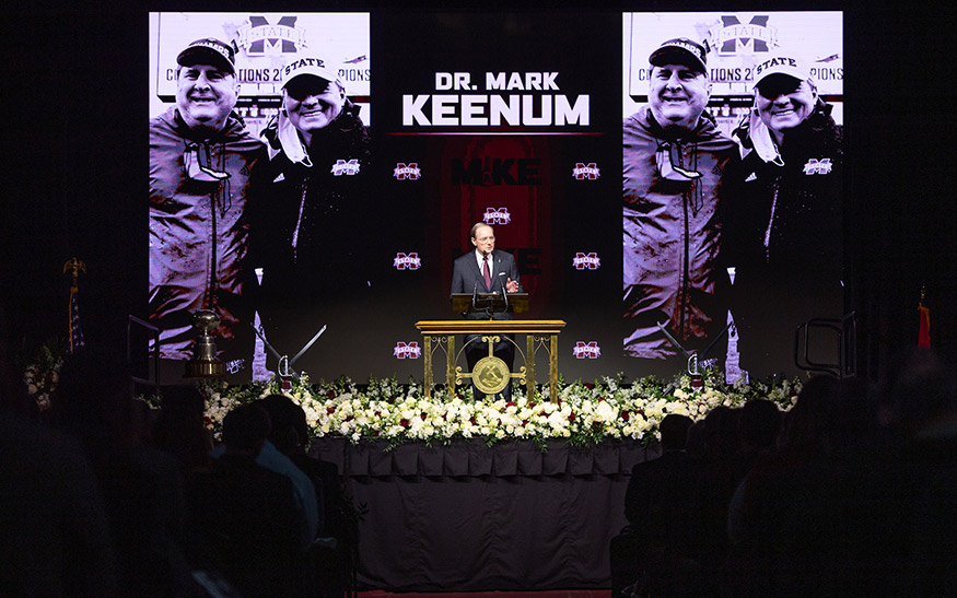 MSU President Mark E. Keenum speaks during the memorial service for Mike Leach
