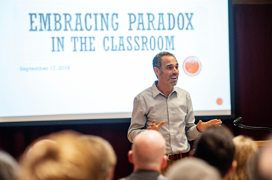 Michael Kardos gives a lecture at MSU's Mitchell Memorial Library