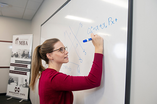 MBA student writes on a whiteboard in MSU's MBA Lounge.