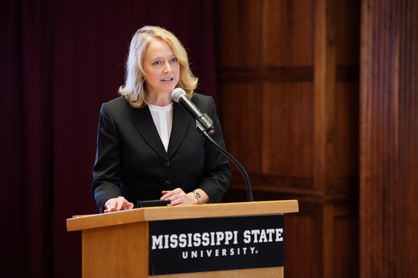 During her first formal presentation as a John Grisham Master Teacher this week, Mississippi State Associate Professor of English Kelly A. Marsh emphasized the importance of ensuring that all students’ voices are validated in class discussions. Marsh provided audience members in Mitchell Memorial Library’s John Grisham Room with an overview of strategies she feels validates guided discussion as a foundational aspect of students’ education.  (Photo by Megan Bean)