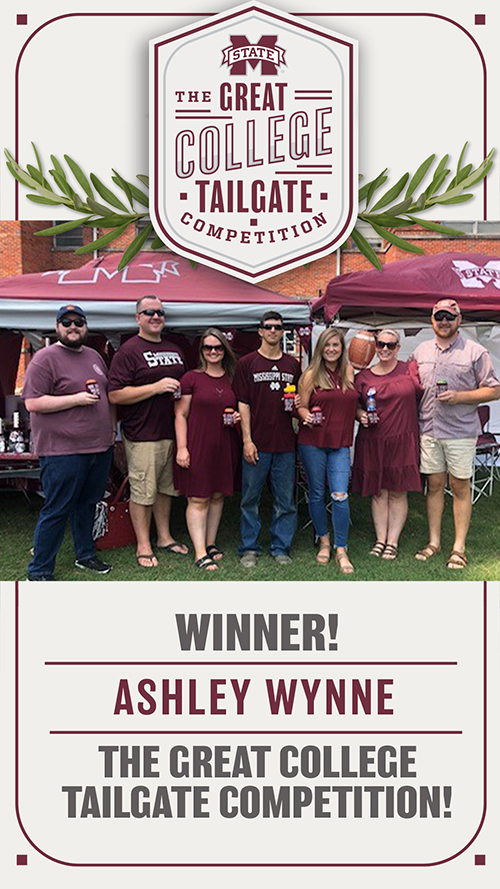 Maroon and white graphic announcing MSU alumna Ashley Wynne as the winner of the Collegiate Licensing Company's Great College Tailgate Competition