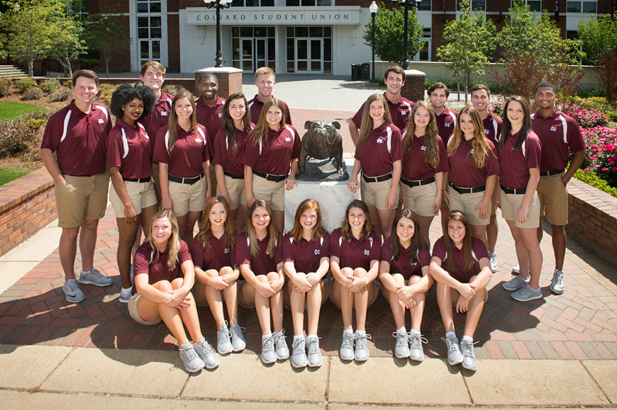 MSU Orientation Leaders for 2016-17 include (first row, l-r) Molly Dance, Audrey Jarvis, Abby Richardson, Gracie Hoggard, Taylor Darnell, Mary Jennings Bouchillon, Savannah Metz, (second, l-r) Ogo Johnson, Haley Hobart, Ali Graham, Katelyn Seago, Tyler McMurray, Molly McAdams, Kristian Hefley, Elaine Vyles, (third, l-r) Jake Goodwin, Hayden Park, Jerome Woodson, Austin Fitch, Kyle Holliman, Josh Daniels, Josh Barnett and Calvin Waddy. (Photo by Megan Bean) 