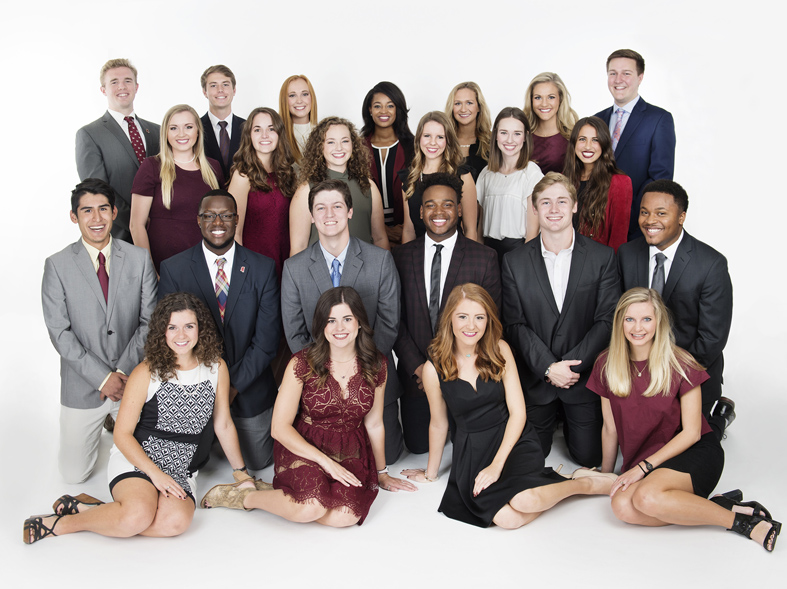 MSU Orientation Leaders for 2017-18 include (first row, l-r) Anne Marie Currie, Lacey Reed, Meghan Wolf, Kendall Fiser, (second) Hugo Garcia, Nick Harris, Tyler Renfrow, J.R. Coleman, Ian Carmichael, Ray Butler, (third) Haleigh Smith, Eliza Heidelberg, Suzanne Schultz, Carol Dukes, Allie Nichols, Emily Turner, (fourth) Gage McCarty, Grady Miller, Katie Carter, FeFe Brown, Jacquelyn Massey, Katie Bostick, and Harrison Case. (Photo by Megan Bean)